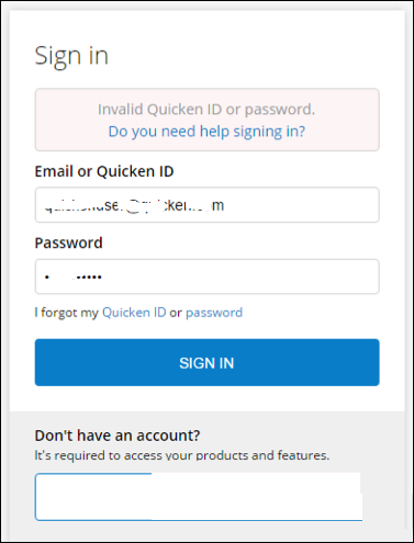 Quicken Invalid Id or password error