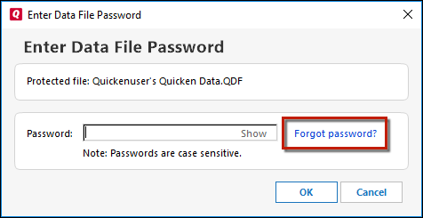 Change Quicken data file password